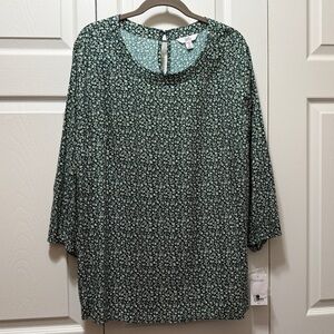 1X Women’s Plus Croft & Barrow Green & Cream Floral Blouse, 3/4 Sleeve, NWT